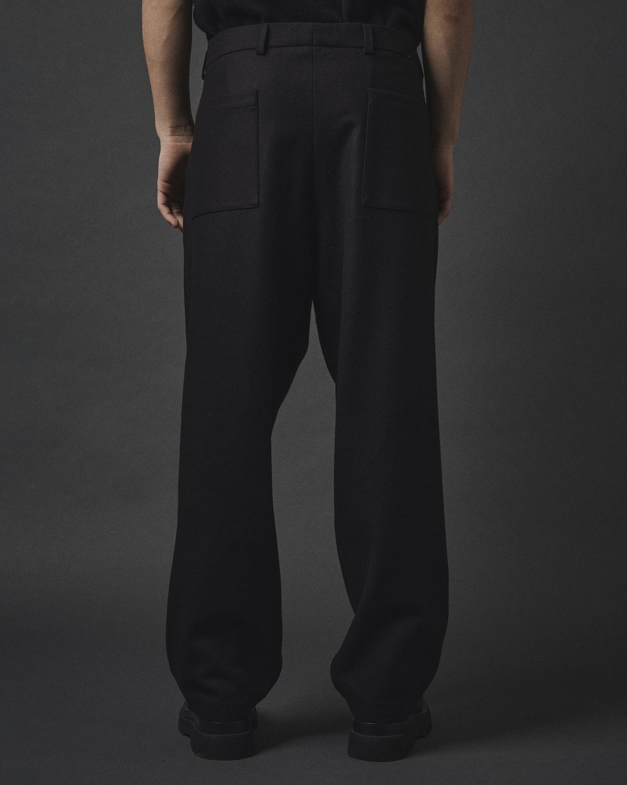 Lownn — Black Wool Flannel Wide Trousers